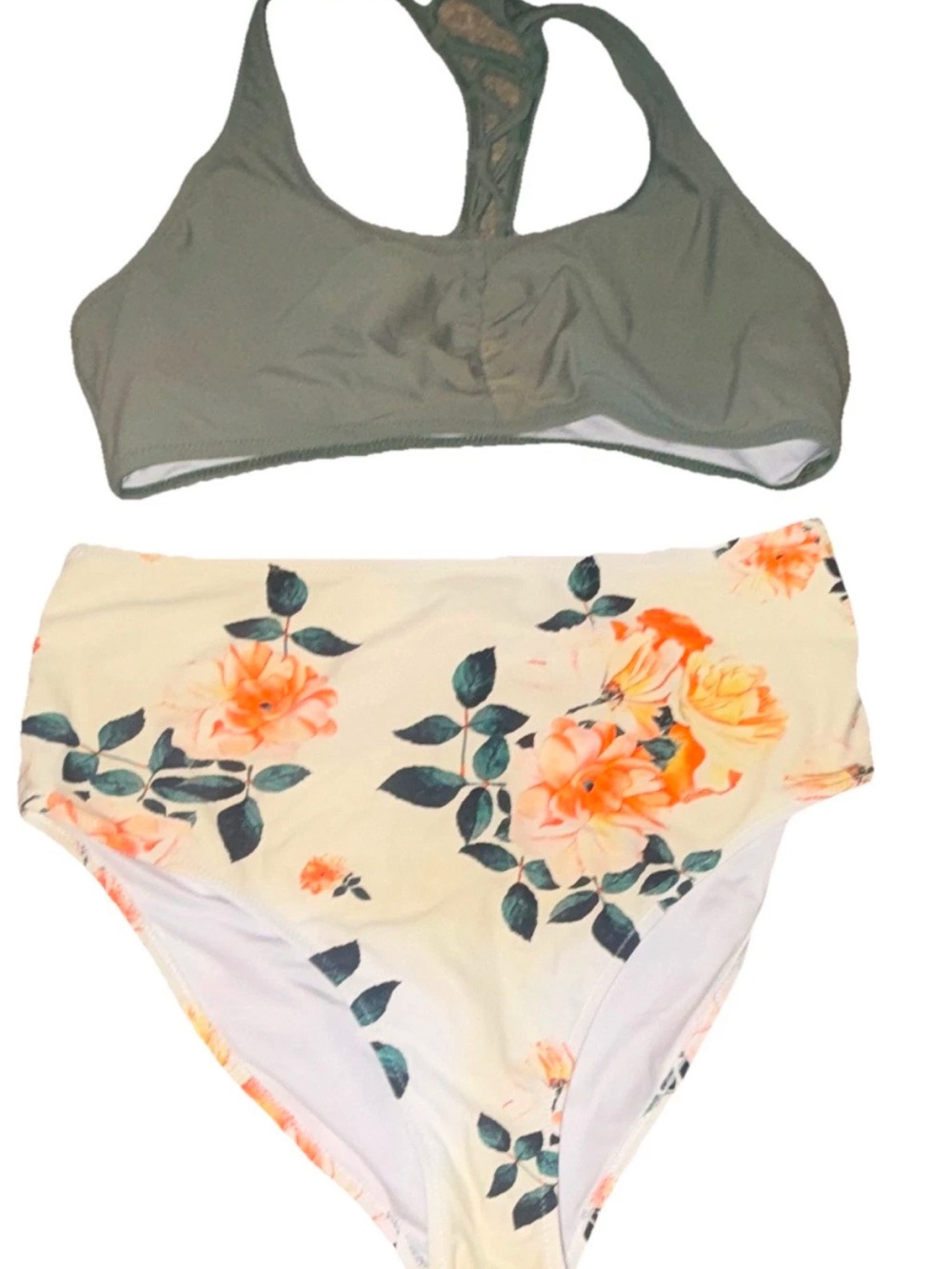 Cupshe Olive Green Racerback Top with Cream Floral High-Waist Bottom